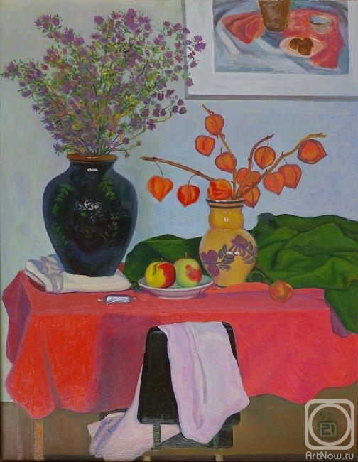 Li Moesey. Still life with red tablecloth