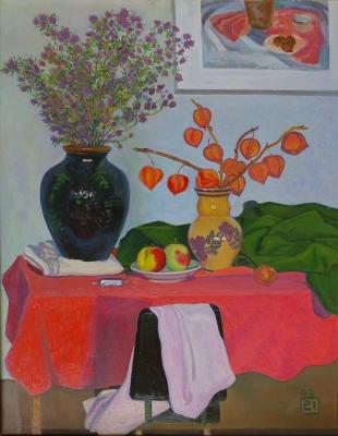 Still life with red tablecloth. Li Moesey