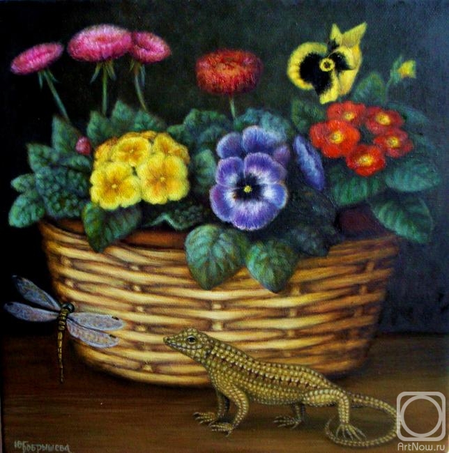 Bobrisheva Julia. Still life with flowers, lizard and dragonfly