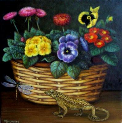 Still life with flowers, lizard and dragonfly. Bobrisheva Julia