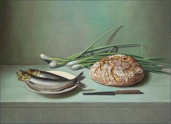 Still life with bread and herring. Elokhin Pavel