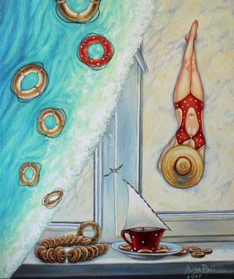 Tea with drying and sea view (Red Swimsuit). Ray Liza
