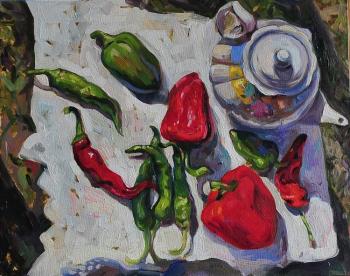 Peppers and white kettle. Zhukovskaya Yuliya