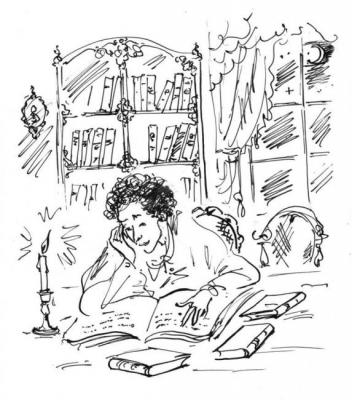 Alexander Pushkin reads at night in his father's office