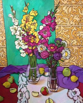 Large still life with gladioli and asters