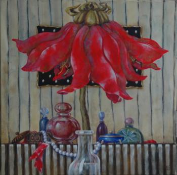Still life with a red flower and spirits
