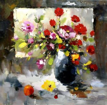 Bouquet with red and pink flowers and apples on the table. Potapova Maria