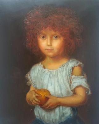 Red-haired baby with an orange. Stage. Bebihov Dmitry
