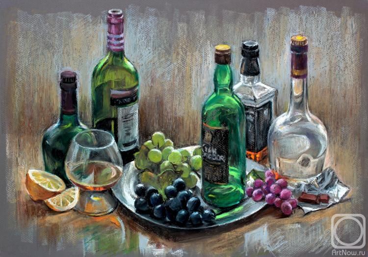 Neyfeld Michail. Still life with bottles and artificial grapes