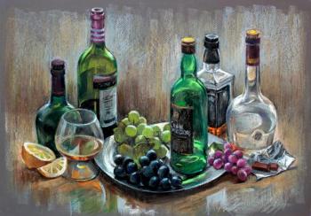 Still life with bottles and artificial grapes