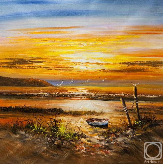 Vevers Christina. Boat on the shore at red sunset