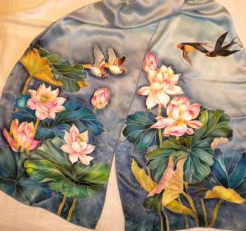 Batik-scarf "Lotuses and birds". Moskvina Tatiana