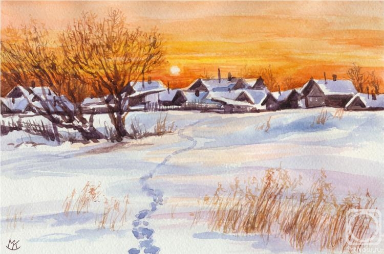 Kozlova Mariya. Russian village at sunset in winter