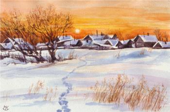 Russian village at sunset in winter. Kozlova Mariya