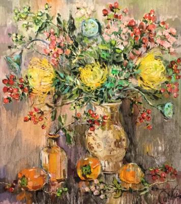 Charina Anna Anatolievna. Bouquet with lotus boxes and hypericum