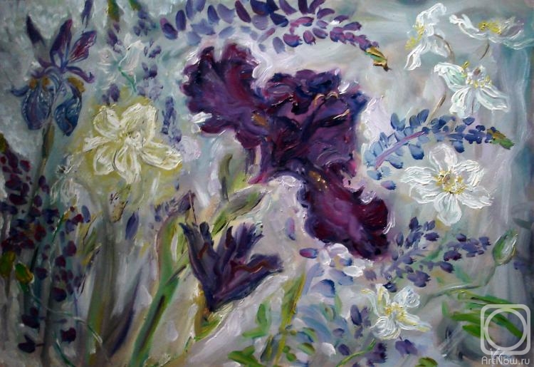 Sechko Xenia. Dark purple iris and white anemones