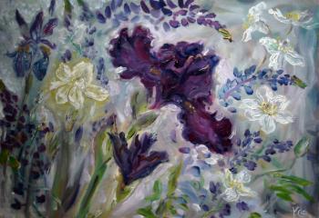 Dark purple iris and white anemones. Sechko Xenia