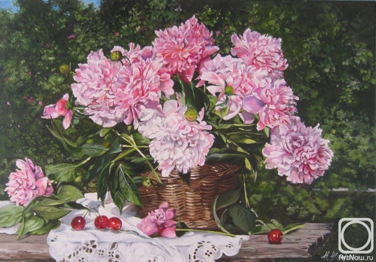 Shaykina Natalia. Peonies in the garden. Peony ORIGINAL OIL PAINTING on Canvas. Pink Peonies Wall Art