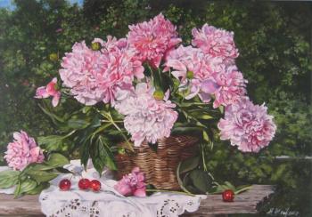 Peonies in the garden. Peony ORIGINAL OIL PAINTING on Canvas. Pink Peonies Wall Art (1St Anniversary Gift). Shaykina Natalia