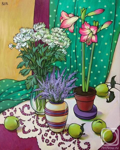Kalinkina Dina. Large still life with flowers and Antonovka