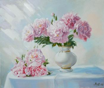 Pink peonies in a white vase. Mahnach Valeriya