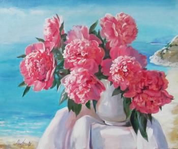 Pink peonies on the background of the sea