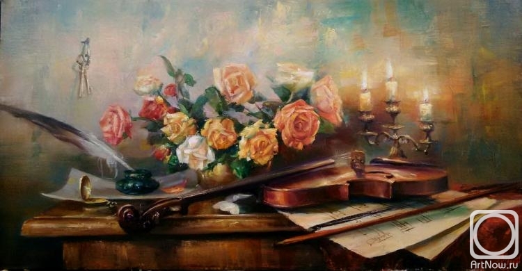 Yekimov Vladimir. Still life with roses and violin on the table