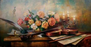 Still life with roses and violin on the table. Yekimov Vladimir
