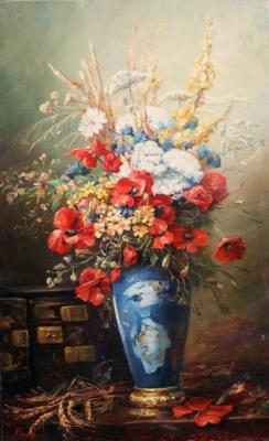 Poppies in a blue vase. Yekimov Vladimir