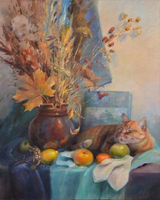 Winter still life with a cat
