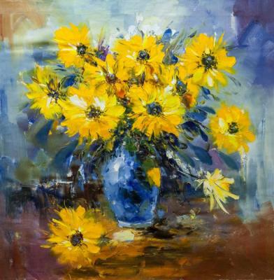 Bouquet of yellow flowers in a blue vase. Potapova Maria