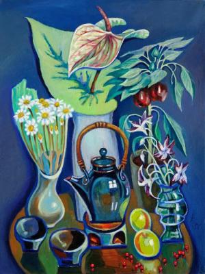 Flowers and a teapot (Blue Can). Feierabend-Peredneva Liudmila