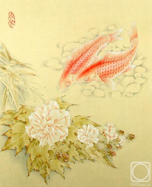Engardo Anna. Red koi and hibiscus fish