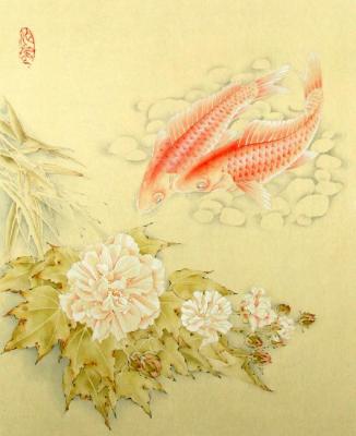 Red koi and hibiscus fish
