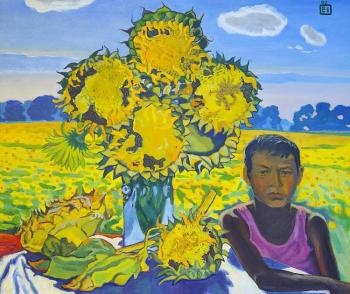 A boy and sunflowers