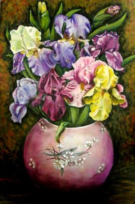 Irises in a round vase