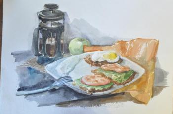 Drawing breakfast. Dranniki with salmon. Kruppa Natalia