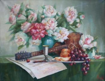 Peonies and lute on the table