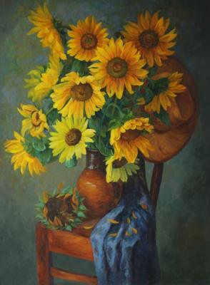 Still life with sunflowers on a chair