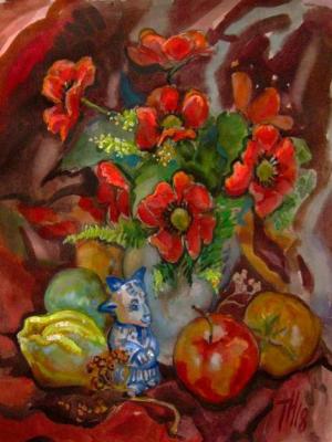 Flowers, fruits and goat figurine