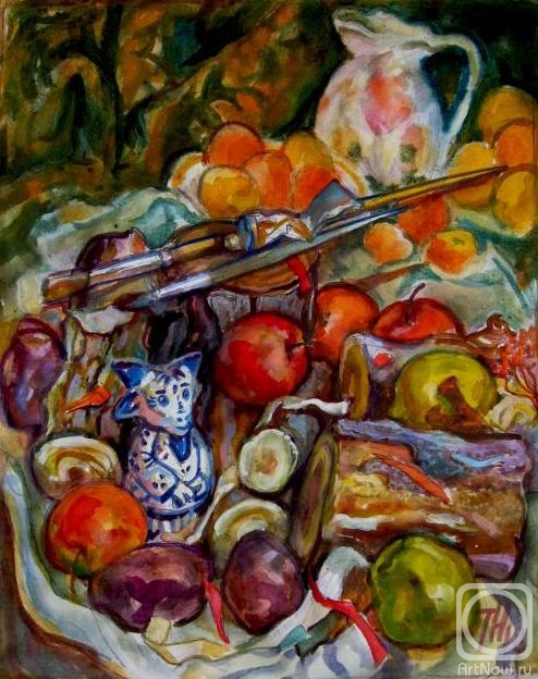 Tomarev Nikolay. Still life with reproduction of Cezanne