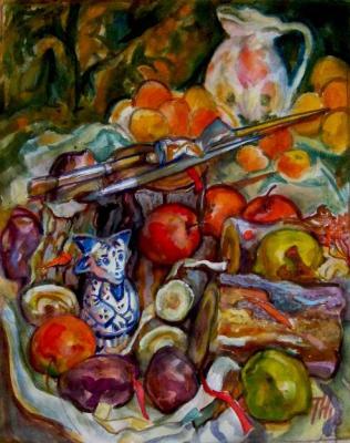 Still life with reproduction of Cezanne