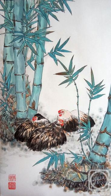 Mishukov Nikolay. Three chickens resting in the shade of bamboo