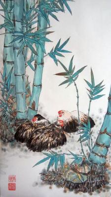 Three chickens resting in the shade of bamboo