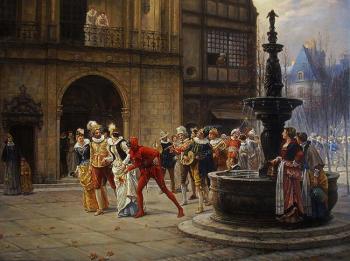 Copy from the picture'' A 17th century masquerade'' (1887). Adrien Moreau