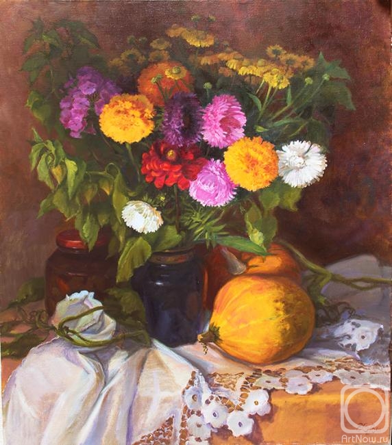 Shumakova Elena. Bouquet with asters and pumpkins