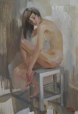 Nude on a white backless stool