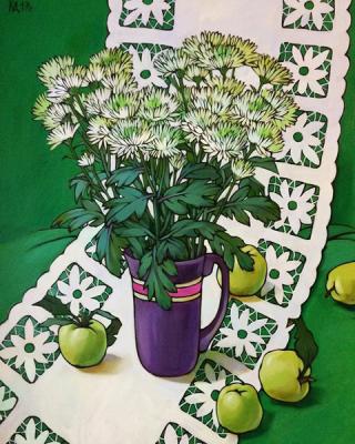 Large still life with chrysanthemums and Antonovka