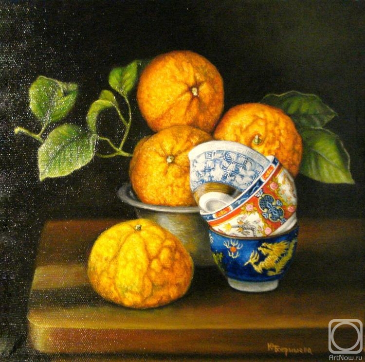 Bobrisheva Julia. Still life with tangerines and Chinese bowls