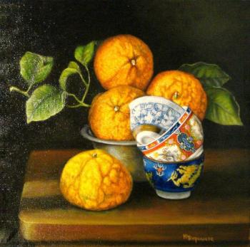 Still life with tangerines and Chinese bowls. Bobrisheva Julia